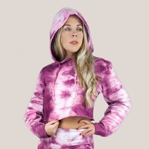 Dusty Rose Tie Dye Hoodie Crop Top | Pink Hand-Dyed Long Sleeve Shirt with Hood